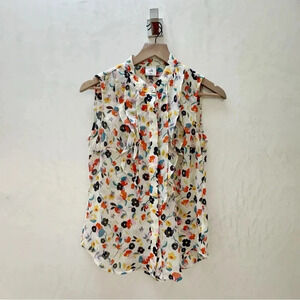 Cabi || Women's Sleeveless Ruffled Bodice in Vivivd Floral  White Blouse XS